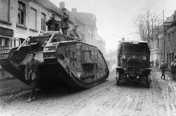 Captured British tank in Armentieres, France, WW1