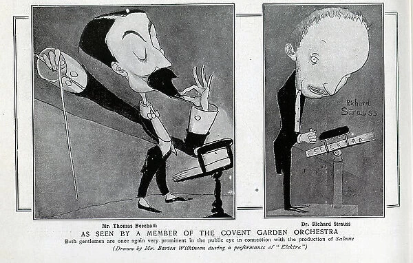 Caricature illustrations of Mr Thomas Beecham and Mr Richard Strauss. With description, Dr Richard Strauss as seen by a member of the Covent Garden Orchestra; Both gentlemen are once again very prominent in the public eye in connection with