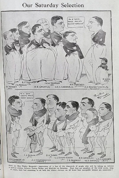 Caricature illustrations, Our Saturday Selection, by Phyllis Kermode, illustrator. Showing the Oxford and Cambridge boat race teams, with quotations, No 4, your bags aren't baggy enough