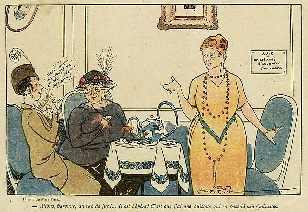 Cartoon, French ladies speaking army slang, WW1