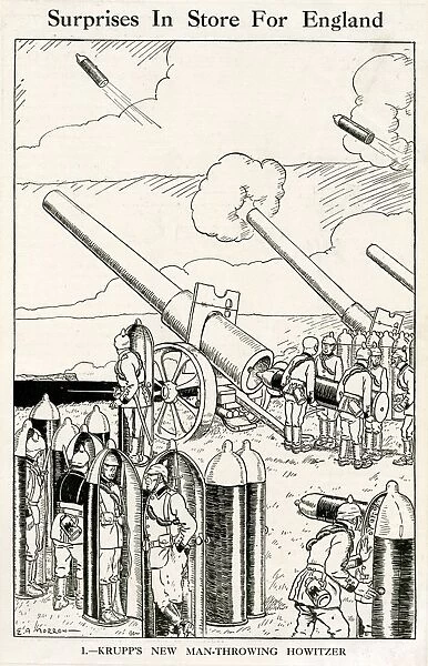 Cartoon, Krupps New Man-Throwing Howitzer, WW1
