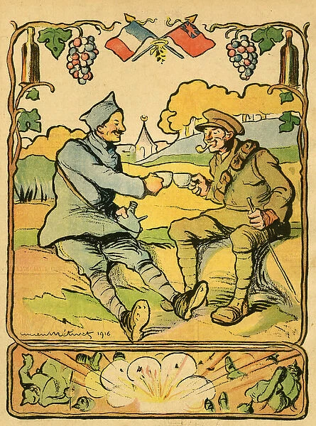 Cartoon, Sharing a drink, WW1