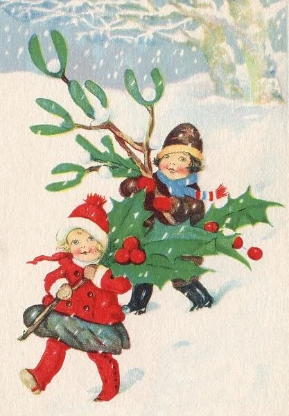 Children carrying holly and mistletoe