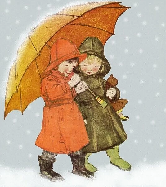 Two children with umbrella in snow