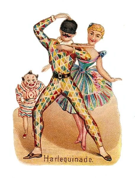 Clown, Harlequin and Columbine on a Victorian scrap