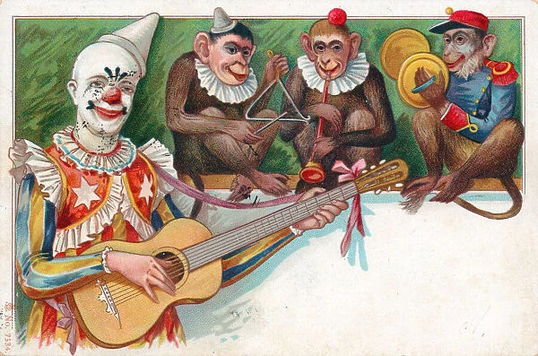 Clown with three monkeys on a postcard
