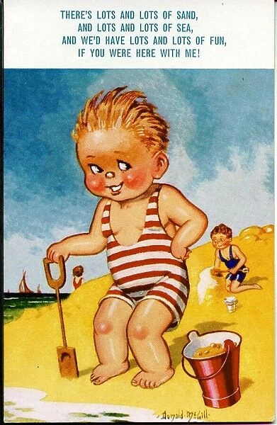 Comic postcard, Boy on the beach with bucket and spade Date: 20th century