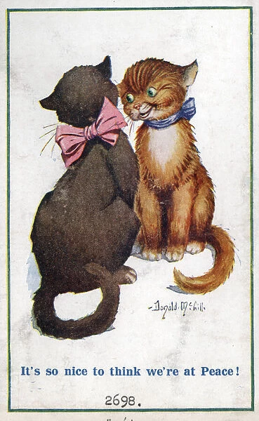 Comic postcard, Two cats enjoying the peace, WW1 Date: circa 1918