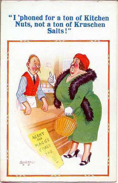 Comic postcard, dissatisfied customer in shop Date: 20th century