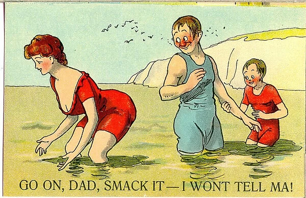 Comic postcard, Man, boy and pretty young woman bathing in the sea Date: 20th century