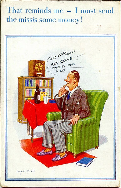 Comic postcard, Man listening to the radio Date: 20th century