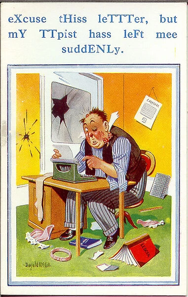 Comic postcard, Man trying to type a letter