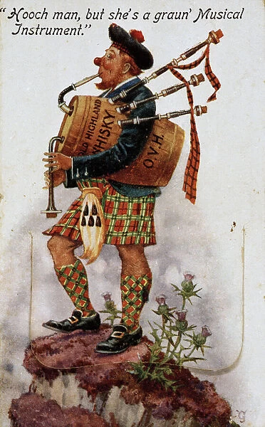Comic postcard, Scotsman with whisky barrel bagpipes