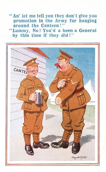 Comic postcard, Two soldiers in the British Army, WW2 - chatting outside the Canteen
