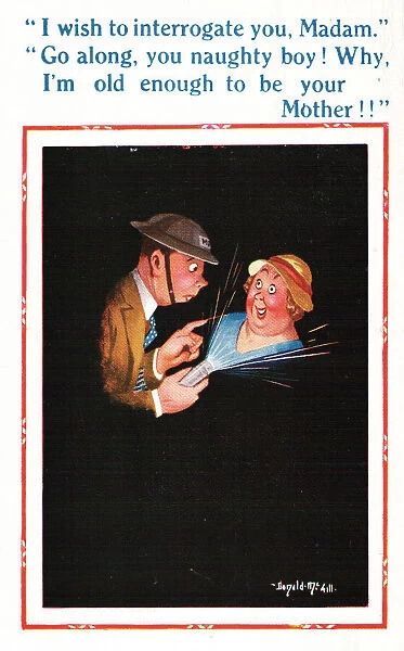 Comic postcard, woman and ARP man in blackout, WW2