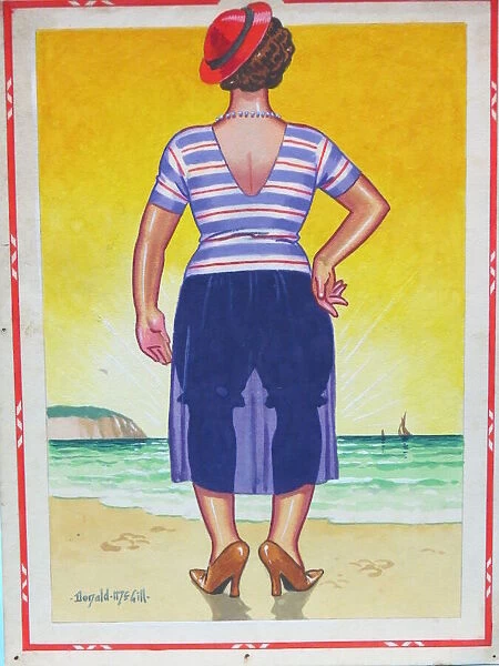 Comic postcard, Woman on the beach. Everybodys enjoying the beautiful sunsets down here