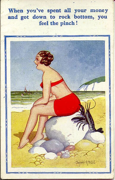 Comic postcard, Woman in red bikini at the seaside Date: 20th century