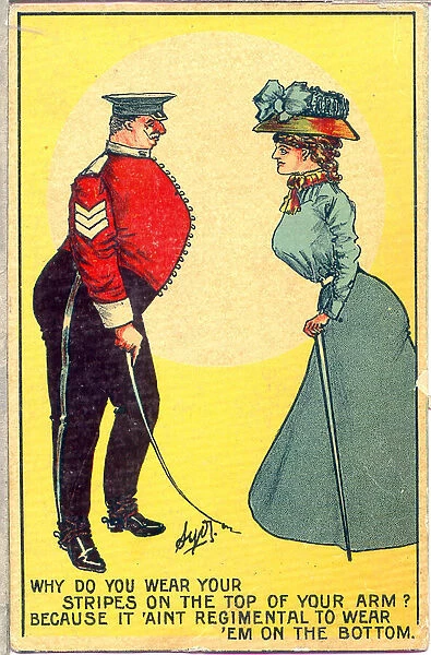 Comic postcard, Woman and sergeant Date: early 20th century