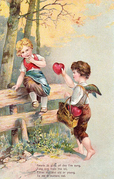 Cupid offering a red heart on a Valentine postcard