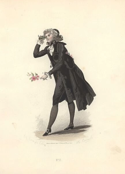 Dandy in black suit, breeches and stockings