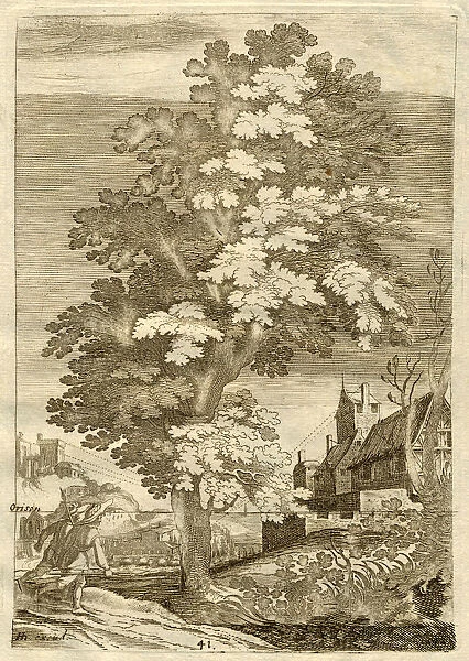 Drawing of tree and two men with buildings on hills Date: 1751