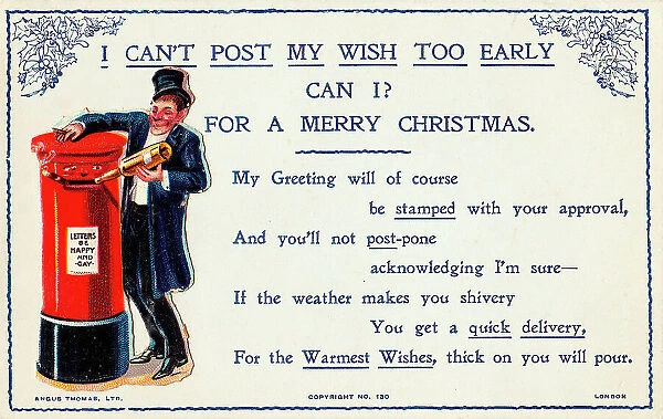 Drunkard and bottle with comic verse on a Christmas card