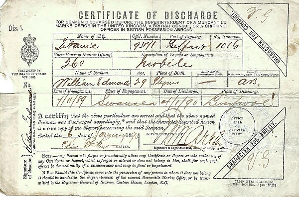 Earlier Titanic, Certificate of Discharge, William Edwards