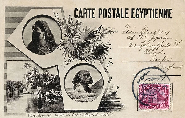 Egyptian souvenir postcard - Sphinx, Oasis and Woman