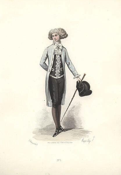 Elegant man in full wig, grey striped coat