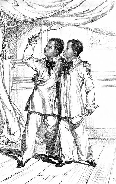 Eng and Chang, Siamese twins, playing shuttlecock