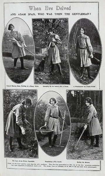 When Eve Delved and Adam span, who then was the gentleman?'Scenic outdoor photographs of woman gardening. With captions, Trained Muscles Make Nothing of a Heavy Roller, Sweeping Up the Leaves after a Storm, A Wheelbarrow is a Trusty Friend