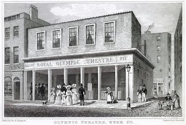 Exterior of Olympic Theatre, located junction of Drury Lane, Wych Street, London, specialised in comedies. Date: 1831