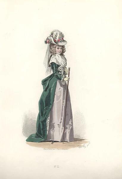 Fashionable woman in flowery bonnet, green