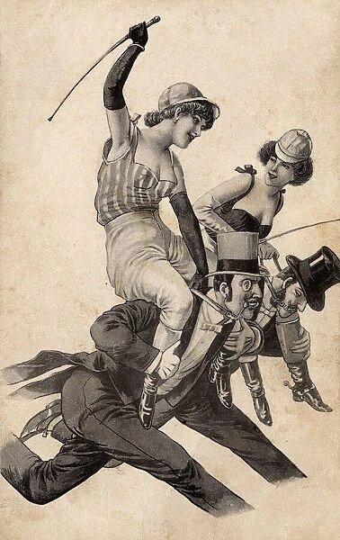 Female jockeys riding gentlemen like horses