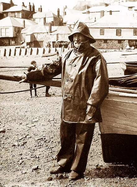 Fisherman in oil skins at St Ives, Cornwall
