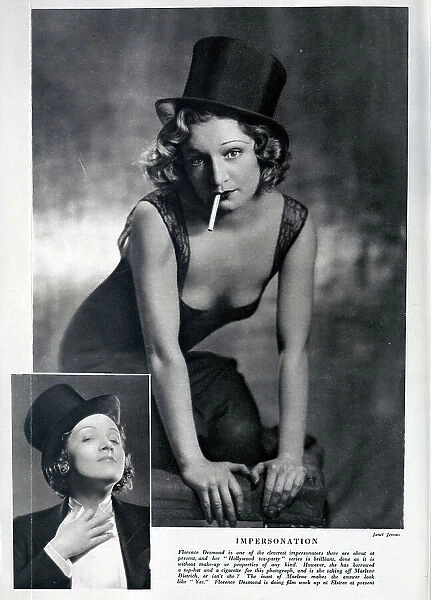 Florence Desmond, impersonator, as Marlene Dietrich, in top hat, with cigarette. With description, Florence Desmond is one of the cleverest impersonators there are about at present, and her 'Hollywood tea-party' series is brilliant