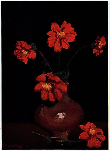 Flowers. A still-life painting of a vase of red Dahlias