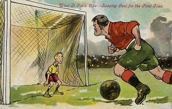 Football. What it feels to be like keeping goal for the first time. Date: circa 1912