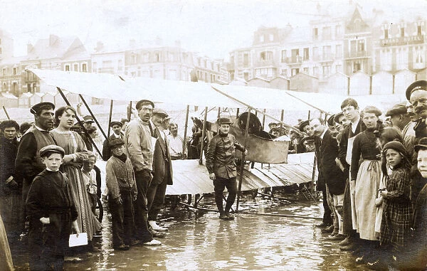 French Caudron biplane after beach landing