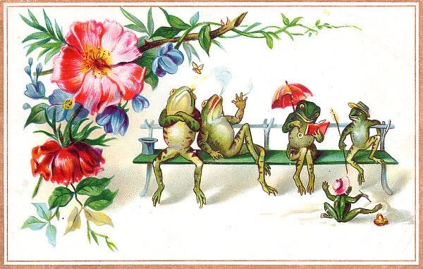 Frogs sitting on a bench on a postcard