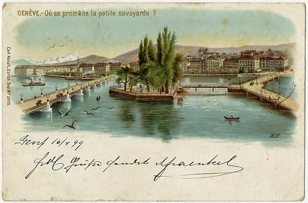 Geneva, Switzerland - Mont Blanc Bridge & Ile J J Rousseau