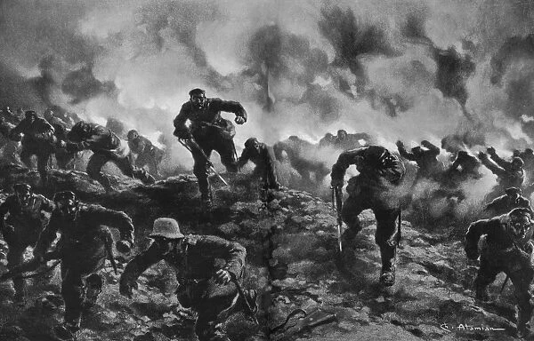 German troops running from a British gas attack, WW1