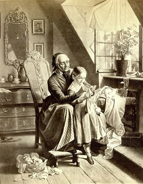 Grandmother giving little girl a knitting lesson