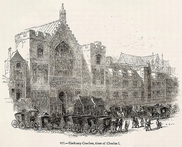 Hackney coaches and their drivers wait for fares in Westminster at the time of Charles I Date: 17th century