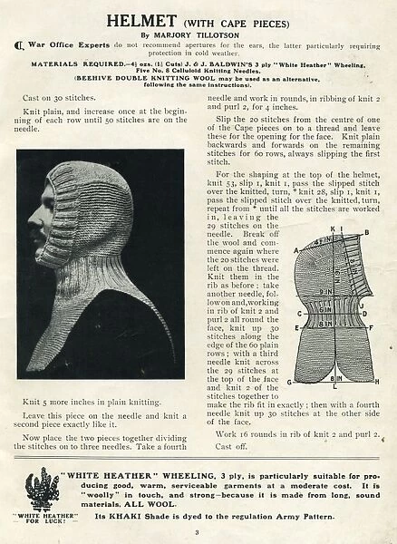 Helmet with cape pieces by Marjory Tillotson, WW1 knitting