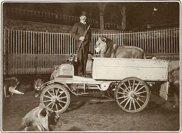 Herr Julius Seeth and his lions in a car, London Hippodrome