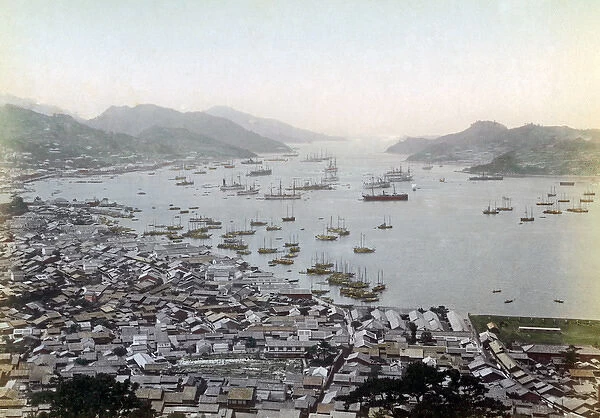 High view of Nagasaki habour with ships, Japan, circa 1890