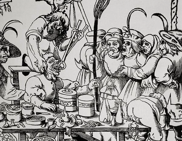 History of medicine. Dentist. Middle Ages. Satire. Engraving
