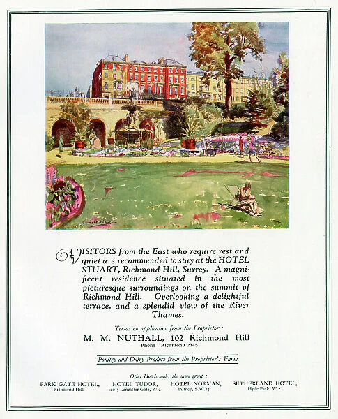 The Hotel Stuart, Richmond Hill, Surrey - offering its guests magnificent views down to the River Thames. Date: 1930