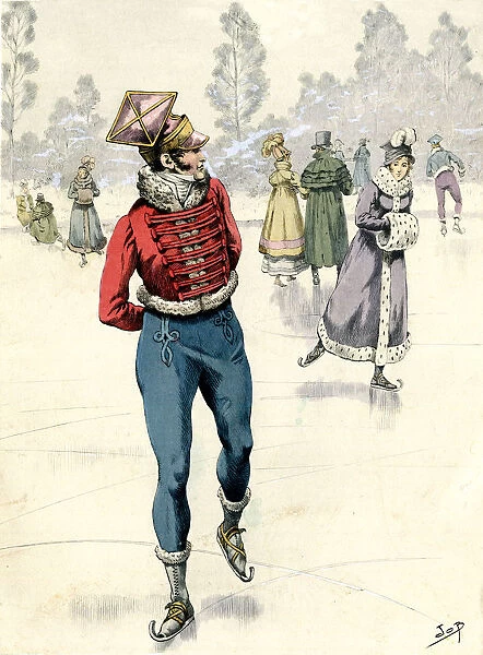 Ice Skating, German Soldier trying to impress Lady Skater